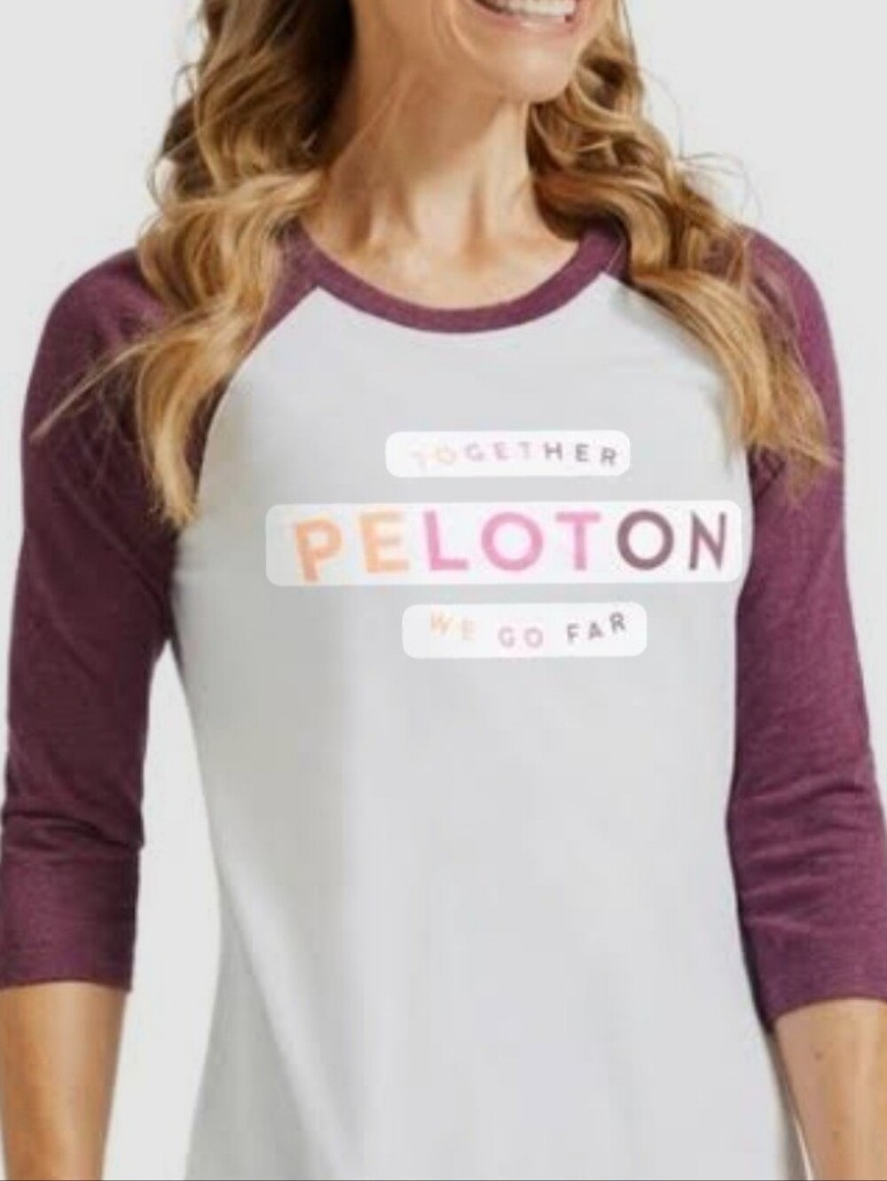 Peloton White Tee with Plum Raglan Sleeves and Multicolor Logo
